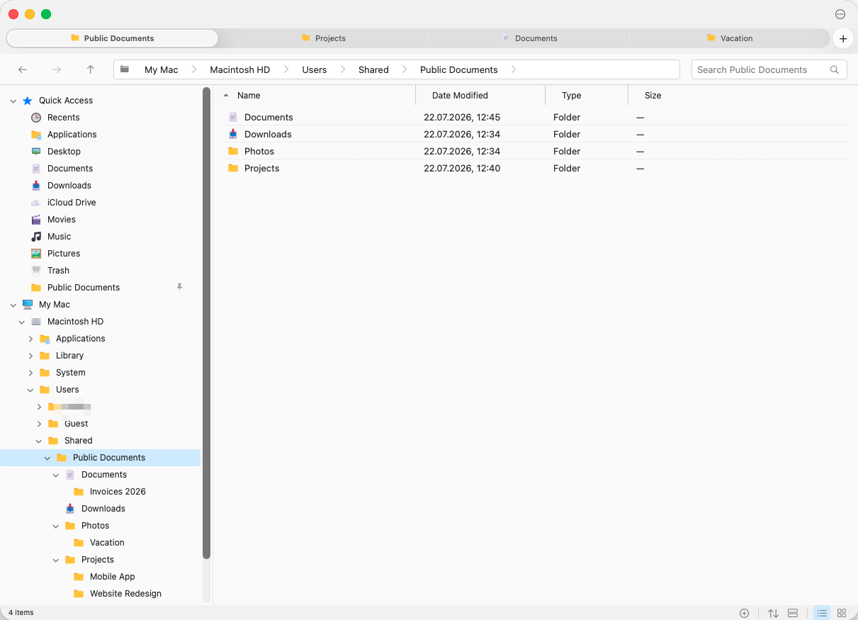 ComfortFiles showing the same Public Documents folder on macOS — the same tree, address bar, tabs, and folders-first list.