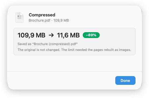 The result sheet after Ultra compression: 109,9 MB to 11,6 MB with a −89% badge, saved as Brochure (compressed).pdf, and a line stating that the limit needed the pages rebuilt as images
