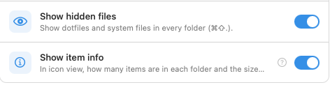 Settings, View pane: the Show hidden files switch, and under it the Show item info switch, turned on