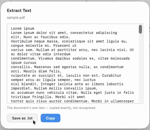The Extract Text panel showing a PDF’s text, with a line underneath saying the text is the document’s own, copied exactly rather than recognised