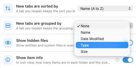 Settings ▸ View: New tabs are sorted by Name (A to Z), and New tabs are grouped by with its menu open — None, Name, Date Modified, Type, Size