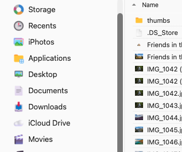The sidebar with the Mac’s sidebar size set to Large: Storage, Recents, Applications, Desktop, Documents, Downloads, iCloud Drive and Movies in larger text beside the file list